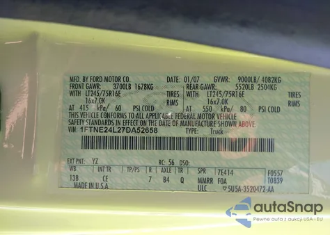 2007 Ford E-250 Commercial/Recreational from USA, damaged, VIN 1FTNE24L27DA52658